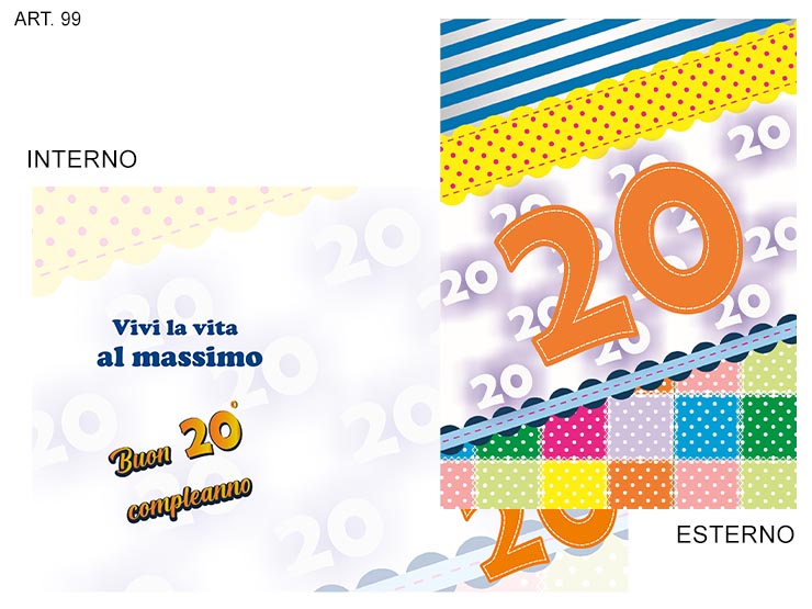 BIGLIETTO AUGURALE "20 ANNI" Cod.99 - Eventi > Compleanno > Accessori Confezionamento - Ingrosso B2B Magazzini Scatigna