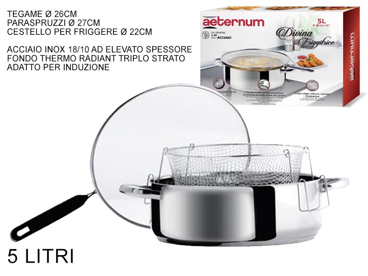 Aeternum Divina Friggitrice 26 Cm Acciaio Inox Per Induzione Con Cestello E Retina Paraspruzzi