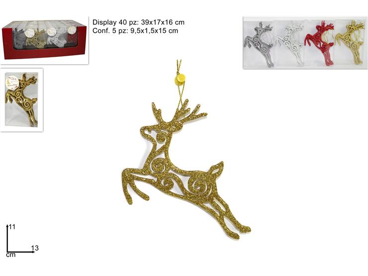 BOX 5RENNE APPEND.GLITTER 5COL.YKX-549 - Natale > Appendini Albero > Appendini Glitter Display - Ingrosso B2B Magazzini Scatigna
