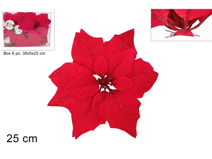 POINSETTIA C/PINZETTA ROSSA Cm.25 13DRBH - Natale > Bacche E Fiori > Mollette Fiori - Ingrosso B2B Magazzini Scatigna