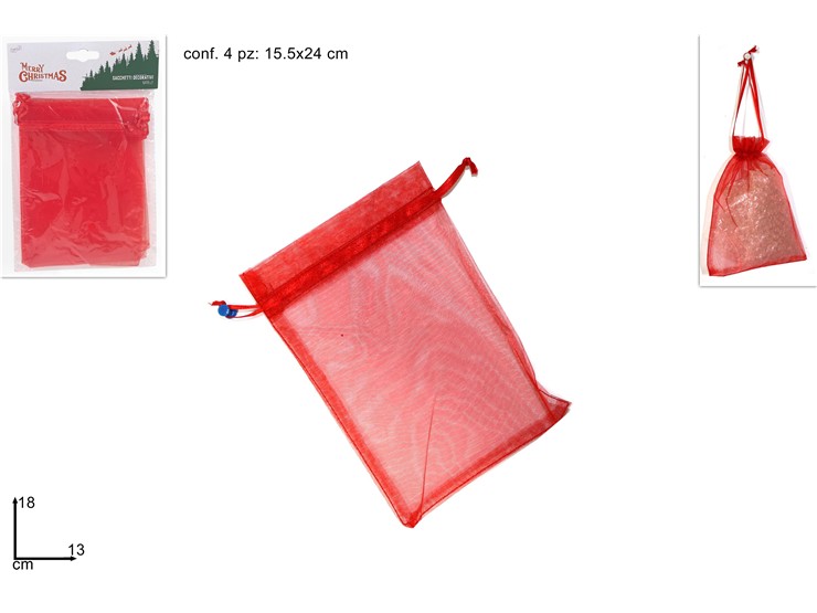 SACCHETTO ORGANZA 4PZ 13X18CM ROSSO ART. - Eventi > San Valentino > Accessori Confezionamento - Ingrosso B2B Magazzini Scatigna
