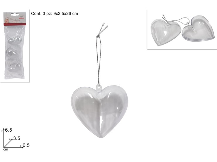 CUORI PLASTICA TRASPARENTE Cm.6,5 Pz3 65 - Natale > Sfere > Sfere Trasparenti - Ingrosso B2B Magazzini Scatigna