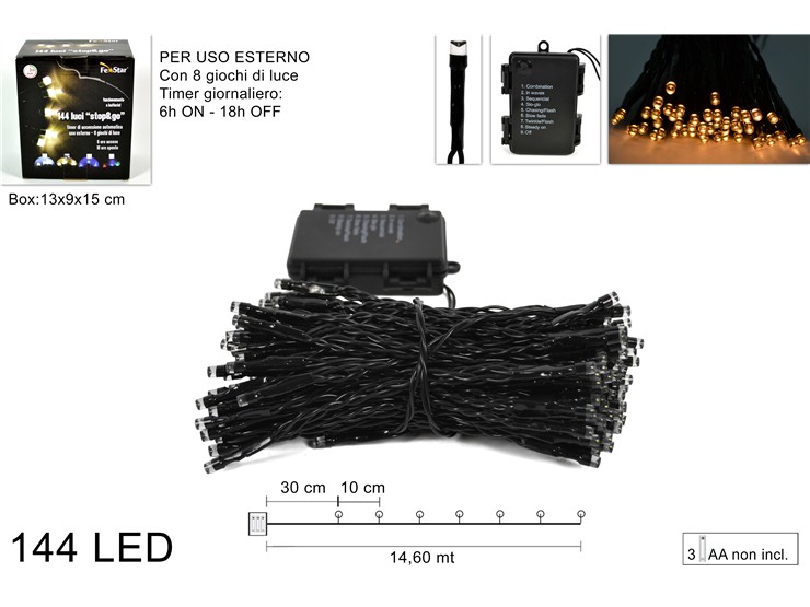 LUCI 144LED BATT.8GIOC.C/TIMER BIAN.CAL. - Natale > Luci Varie > Minilucciole - Ingrosso B2B Magazzini Scatigna