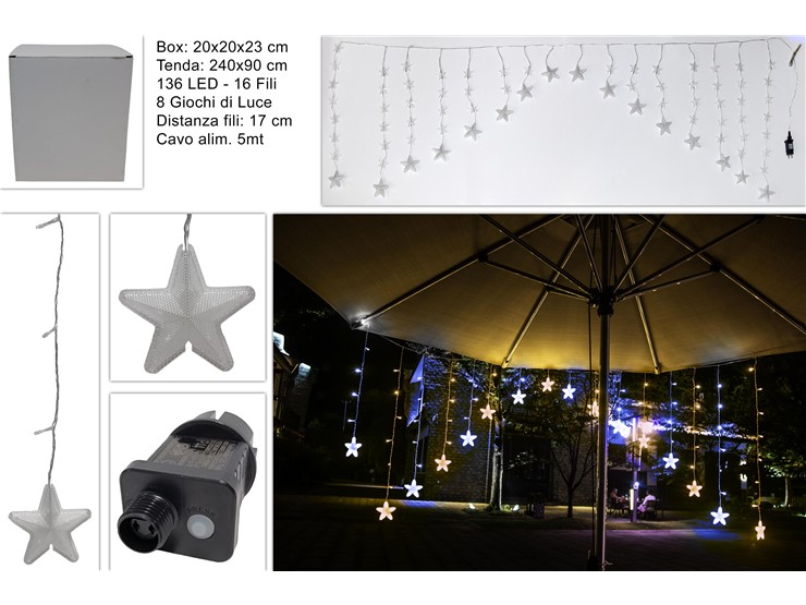 TENDA STELL.136LED 16FILI ARC.8G.BIAN/BL - Natale > Luci Varie > Tende Led Cavo Bianco - Ingrosso B2B Magazzini Scatigna