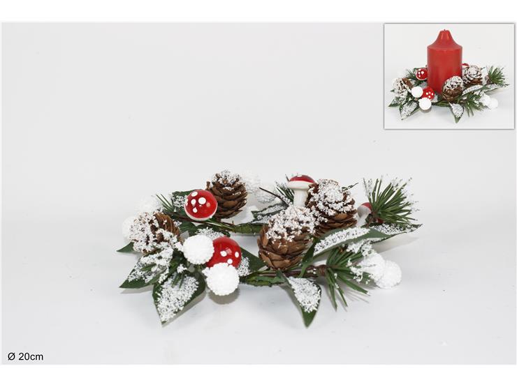 GIROCANDELA C/PIGNE E FUNGHI Cm.20 1200 - Natale > Portacandele > Girocandela - Ingrosso B2B Magazzini Scatigna