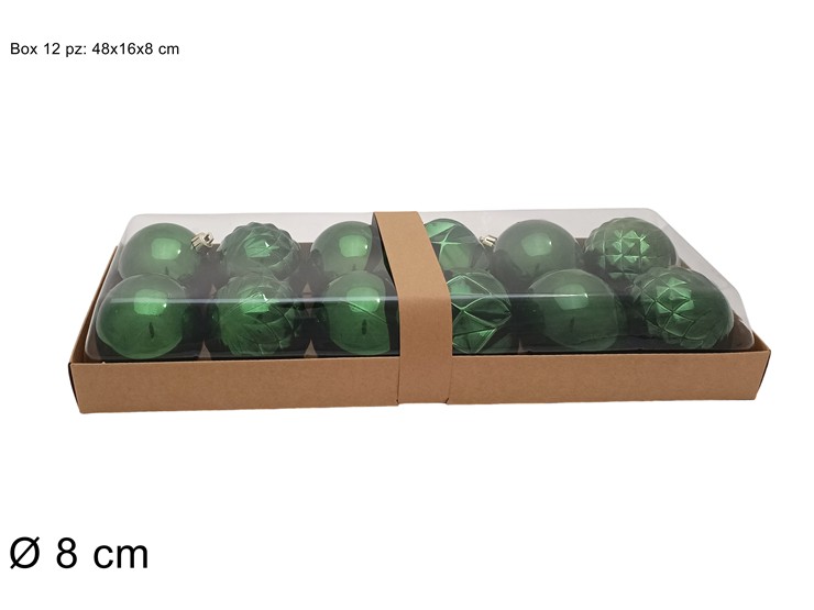 PALLE LUC/PERL/GLITT.TRAS.VERDE Pz12 Cm8 - Natale > Sfere > Box Stili Geometrici - Ingrosso B2B Magazzini Scatigna