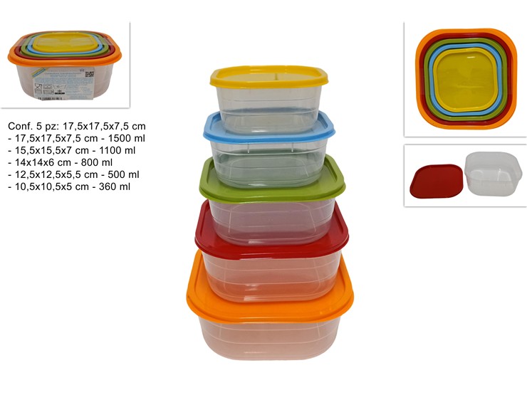 CONTENIT.PLAST.TRASP.SET Pz5 5COL.220083 - Everyday > Cucina > Contenitori E Conservazione - Ingrosso B2B Magazzini Scatigna