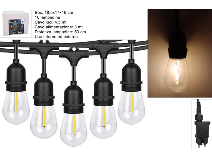 CATENA C/10LAMPADINE CAVO NERO Mt.4,5 - Summer > Arredo E Attrezzature Da Esterno > Catene Luminose Da Esterno - Ingrosso B2B Magazzini Scatigna