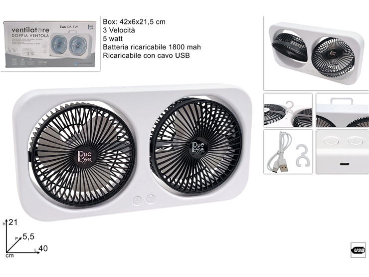 VENTILATORE PORTATILE C/2 VENTOLE 5W RIC - Elettrodomestici > Ventilatori - Ingrosso B2B Magazzini Scatigna