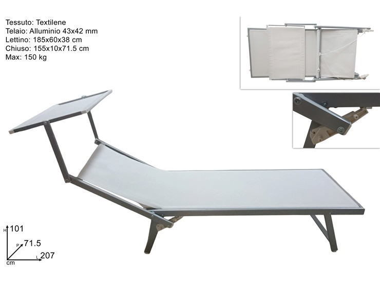LETTINO C/PARASOLE IN TEXT BIANCO ALL - Summer > Arredo E Attrezzature Da Esterno > Sdraio Lettini - Ingrosso B2B Magazzini Scatigna