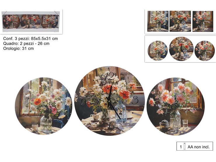 QUADRO C/OROLOGIO DEC.FIORI Pz.3 07-2 - Everyday > Complementi Arredo > Orologi - Ingrosso B2B Magazzini Scatigna