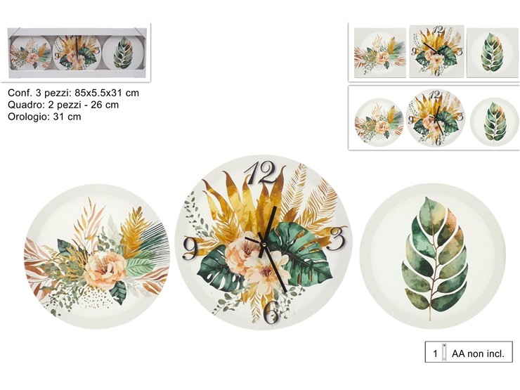 QUADRO C/OROLOGIO DEC.FOGLIE Pz.3 07-9 - Everyday > Complementi Arredo > Orologi - Ingrosso B2B Magazzini Scatigna