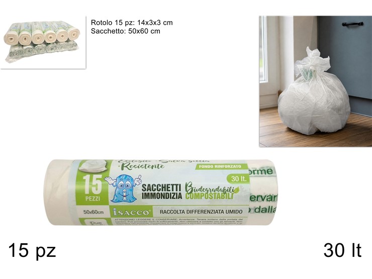SACCHETTI BIODEGR.RIFIUTI Pz.15 Cm.5060 - Pulizia > Raccolta Rifiuti > Sacchi Pattumiere - Ingrosso B2B Magazzini Scatigna