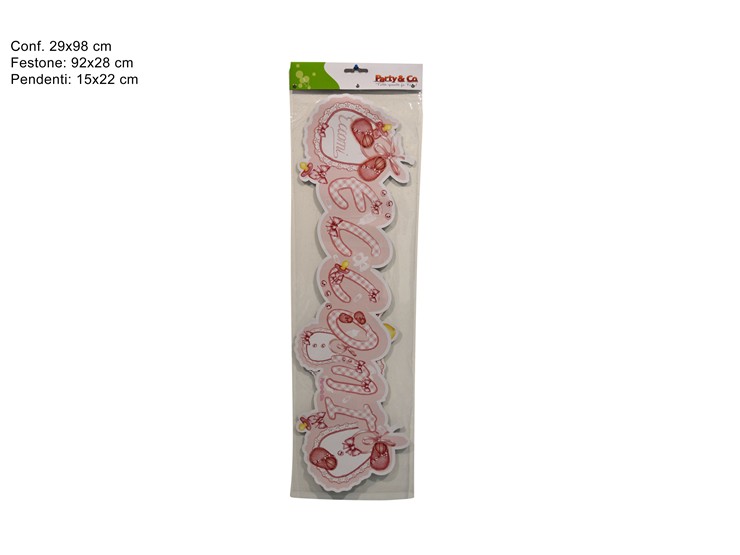 FEST.NUV.C/PEND.ECCOMI ROSA 9228 1723 - Eventi > Nascite > Festoni - Ingrosso B2B Magazzini Scatigna