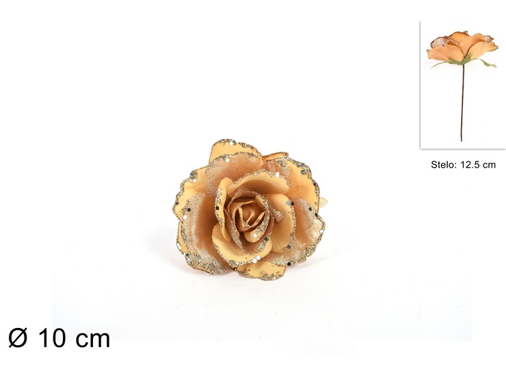 ROSA GLITTERATA ORO B6M-6533/GOLD - Natale > Bacche E Fiori > Spilloni Fiori - Ingrosso B2B Magazzini Scatigna