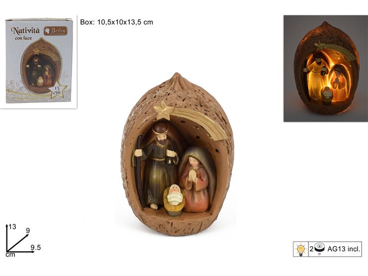 NATIVITA' NOCE C/LUCE Cm.13 Art.63485 - Natale > Nativita Personaggi > Sacra Famiglia - Ingrosso B2B Magazzini Scatigna
