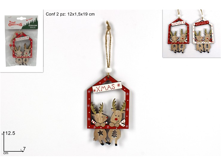 APPEND.RENNE SET Pz.2 2COL.SHY-W12746R/W - Natale > Appendini Albero > Appendini Legno - Ingrosso B2B Magazzini Scatigna