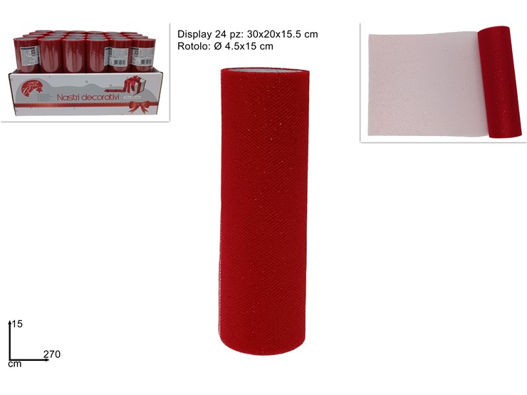 ROTOLO ORGANZA GLITTERATO 15270CM ROSSO - Confezionamento > Nastri E Rotoli > Rotoli Organza - Ingrosso B2B Magazzini Scatigna