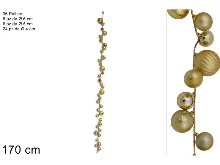 GHIRLANDA 36PALLINE ORO Cm.170 SM2402G - Natale > Ghirlande E Fili > Ghirlande Verticali - Ingrosso B2B Magazzini Scatigna