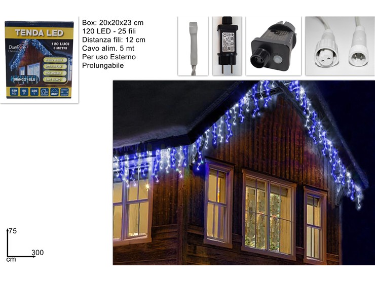 TENDA 120LED C/GIOCO Mt.3 PROL.BIANC/BLU - Natale > Luci Varie > Tende Led Cavo Bianco - Ingrosso B2B Magazzini Scatigna
