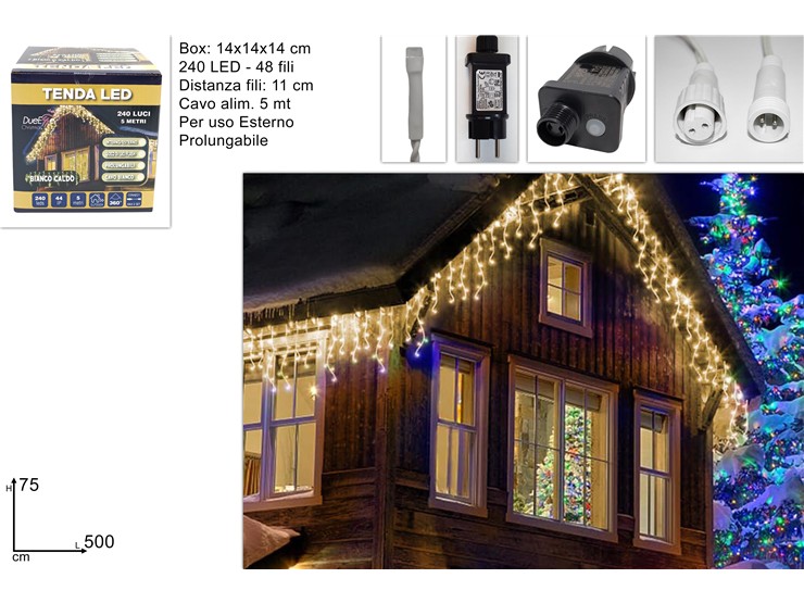 TENDA 240LED 5Mt.C/GIOC.PROL.BIANC.CALDO - Natale > Luci Varie > Tende Led Cavo Bianco - Ingrosso B2B Magazzini Scatigna
