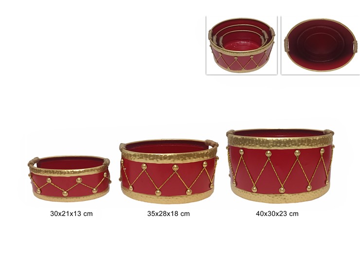CESTO OVAL.TAMBUR.MET.ROSSO/ORO Pz3 3104 - Confezionamento > Cestini Box Scatole > Cestini - Ingrosso B2B Magazzini Scatigna