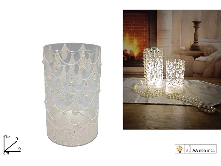 VASO VETRO C/CILIN.C/DEC.BIANCO Cm15 101 - Natale > Portacandele > Vetro - Ingrosso B2B Magazzini Scatigna