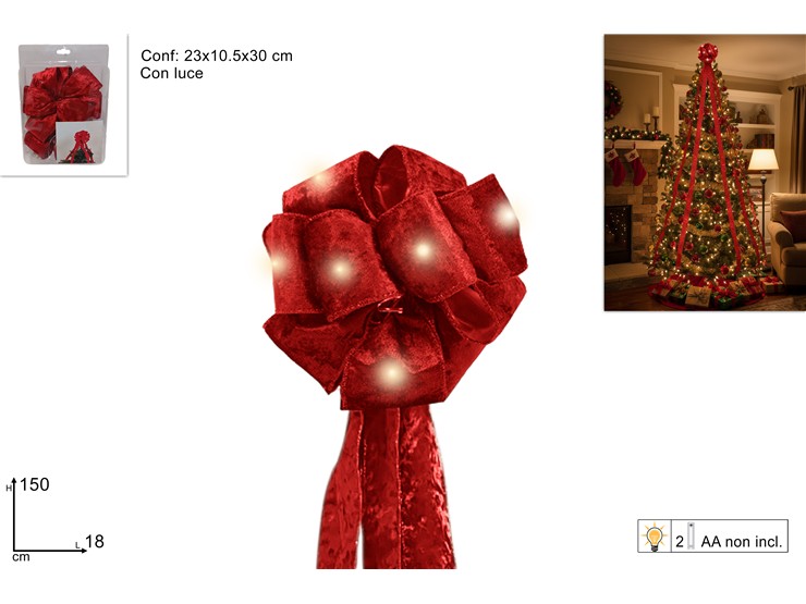 FIOCCO PUNT.VELL.ROSSO C/LUCI Cm18 123R - Natale > Fiocchi > Fiocchi Puntale - Ingrosso B2B Magazzini Scatigna