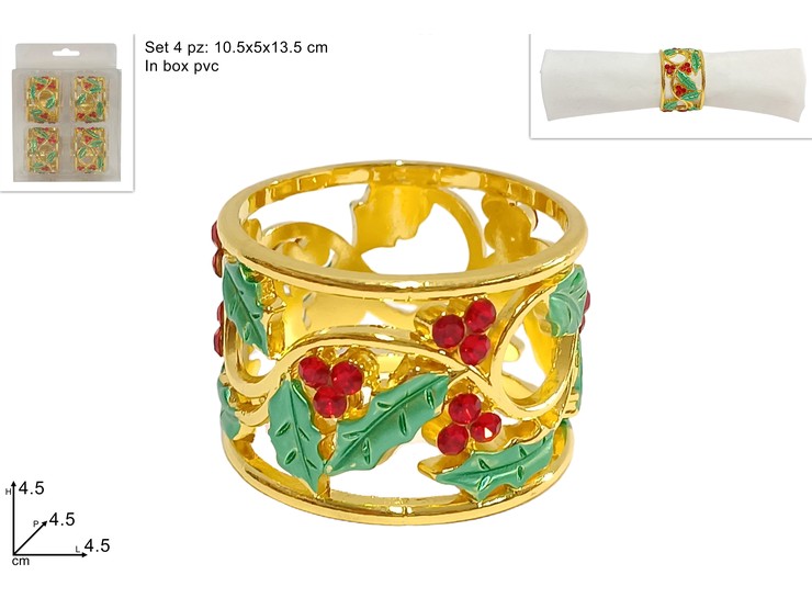 ANELLI P/TOVAGLIOLI AGRIFOGLIO Pz.4 1111 - Natale > Tavola > Portatovaglioli - Ingrosso B2B Magazzini Scatigna