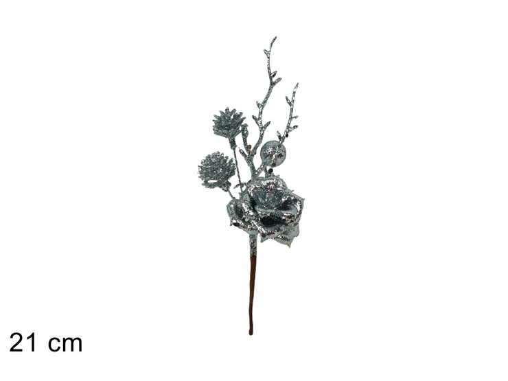 STELO FOGLIE GLITTER.SILVER Cm21 25-104S - Natale > Bacche E Fiori > Spilloni Fiori - Ingrosso B2B Magazzini Scatigna