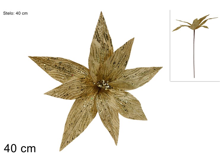 STELO FIORE GLITTER.ORO Cm.40 37-25149 - Natale > Bacche E Fiori > Spilloni Fiori - Ingrosso B2B Magazzini Scatigna