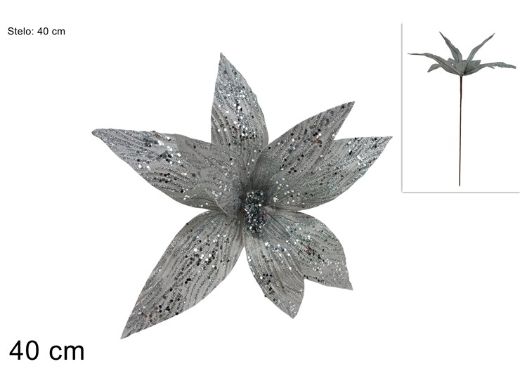 STELO FIORE GLITTER.SILVER Cm.40 3725149 - Natale > Bacche E Fiori > Spilloni Fiori - Ingrosso B2B Magazzini Scatigna