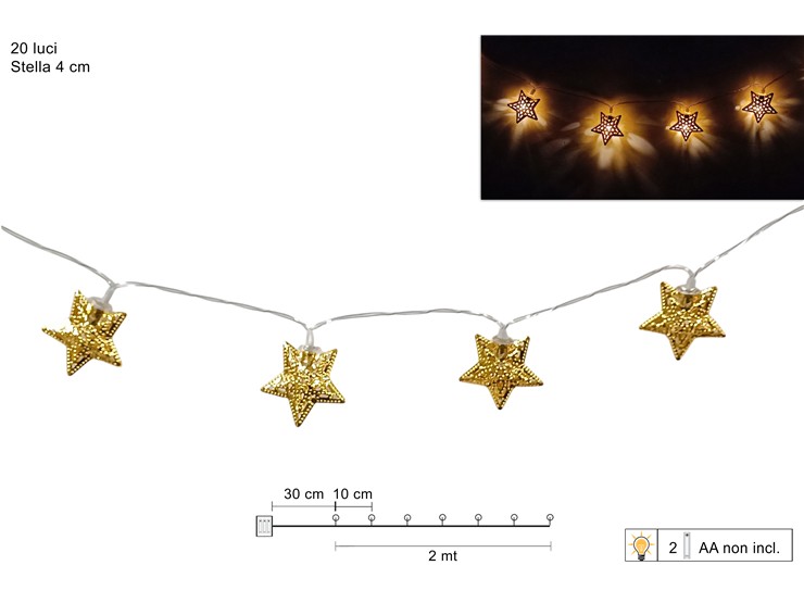FILO C/20LED STELLE ORO Mt.2 BATTERIE DF - Natale > Luci Varie > Catene Batteria - Ingrosso B2B Magazzini Scatigna