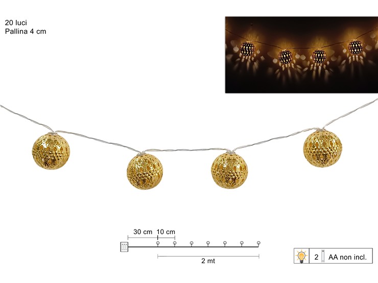 FILO C/20LED PALLINE ORO Cm.4 Mt2 DFDP-2 - Natale > Luci Varie > Catene Batteria - Ingrosso B2B Magazzini Scatigna