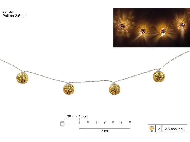 FILO C/20LED PALLINE ORO Cm.2,5 Mt2 DFDP - Natale > Luci Varie > Catene Batteria - Ingrosso B2B Magazzini Scatigna