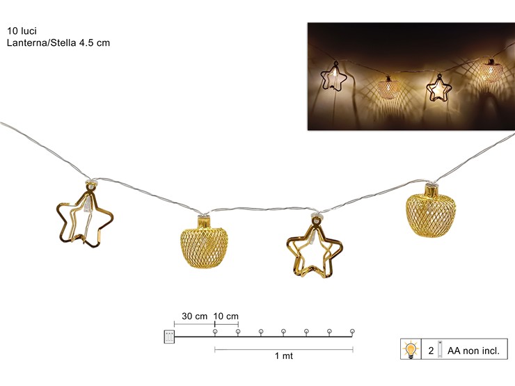 FILO C/10LED LANTER/STELLE ORO Mt.1 BATT - Natale > Luci Varie > Catene Batteria - Ingrosso B2B Magazzini Scatigna