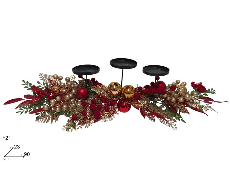 CENTROTAVOLA C/PORTACAND.3POSTI DEC.ROSS - Natale > Portacandele > Portacandele Multiplo - Ingrosso B2B Magazzini Scatigna