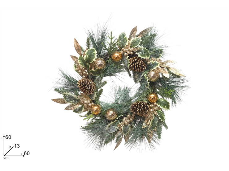 DIETROP.C/FOGLIE E PALLINE ORO 60cmESX25 - Natale > Dietroporta E Vetrofanie > Ghirlande A Corona - Ingrosso B2B Magazzini Scatigna