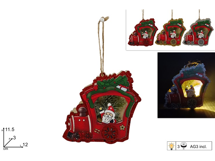 APPEND.LEGNO TRENINO C/BABBO LUCE 3C.170 - Natale > Appendini Albero > Appendini Luminosi - Ingrosso B2B Magazzini Scatigna