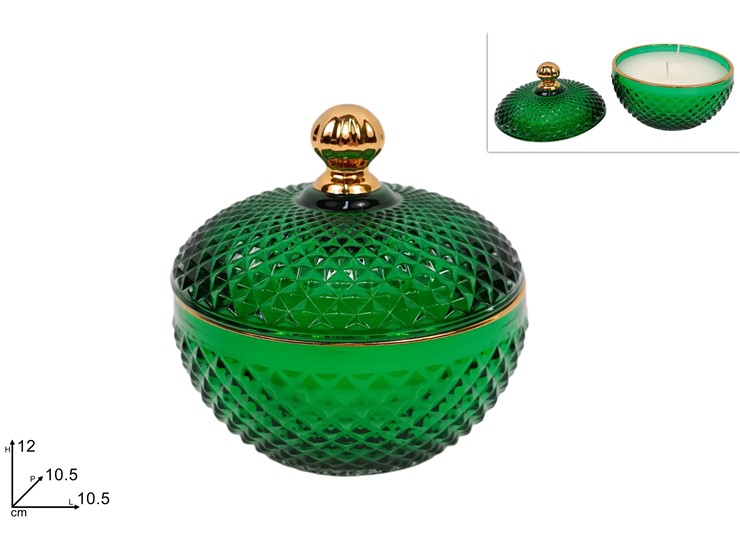 POTICHE IN VETRO C/CANDELA VERDE 241218G - Natale > Candele > In Cera - Ingrosso B2B Magazzini Scatigna