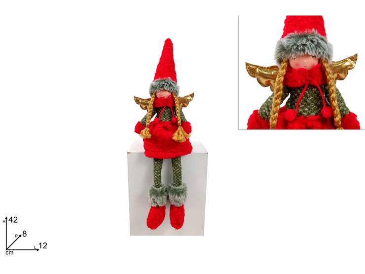 ANGELO SED.C/VEST.ROSS/VERD.C/PELL.Cm.42 - Natale > Decorazioni Da Interno > Personaggi - Ingrosso B2B Magazzini Scatigna