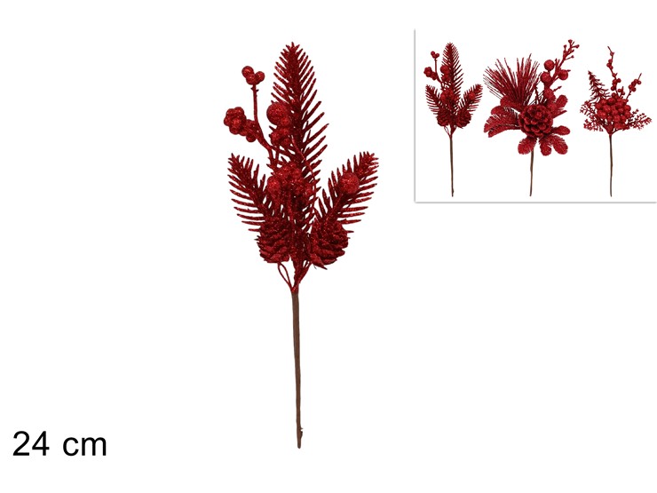 STELO RAMET.GLITT.C/BACCH.E PIGNE ROSSO - Natale > Bacche E Fiori > Spilloni Verdi Pigne - Ingrosso B2B Magazzini Scatigna