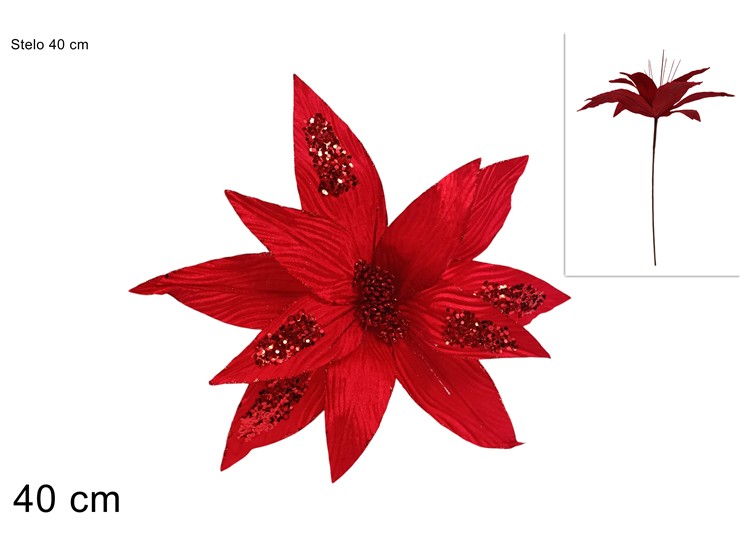 STELO FIORE VELL/PAILL.ROSSO Cm.40 25G81 - Natale > Bacche E Fiori > Set Stella Di Natale - Ingrosso B2B Magazzini Scatigna