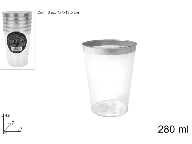 BICCHIERI PLASTICA BORDO SILVER Ml.280 6 - Natale > Tavola > Monouso - Ingrosso B2B Magazzini Scatigna