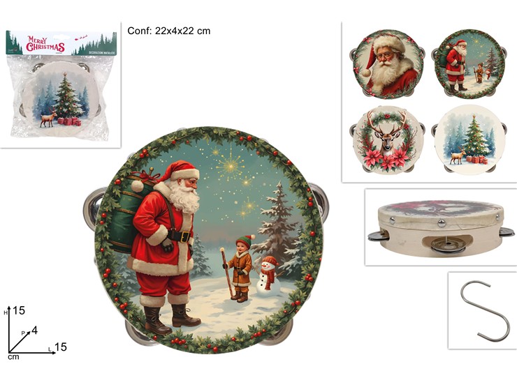 TAMBURELLO NATALIZIO 15cm 4ass YB520509A - Preordine Natale > Decorazioni > Da Appoggio - Ingrosso B2B Magazzini Scatigna