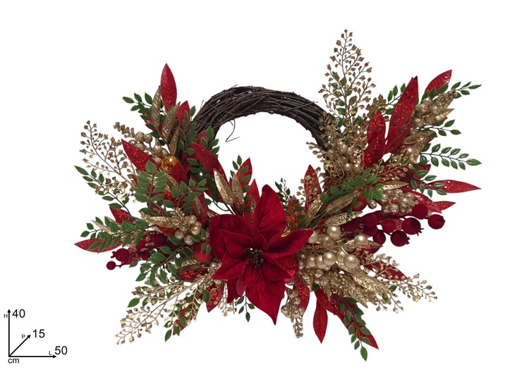 DIETROPORTA 5040 C/FOGLIE PALL.DEC.ROSS - Natale > Dietroporta E Vetrofanie > Ghirlande A Corona - Ingrosso B2B Magazzini Scatigna