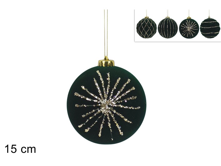 PALLA VEL VERDE C/GLIT ORO4ass15cmDB26Q0 - Preordine Natale > Addobbi Albero > Appendini - Ingrosso B2B Magazzini Scatigna