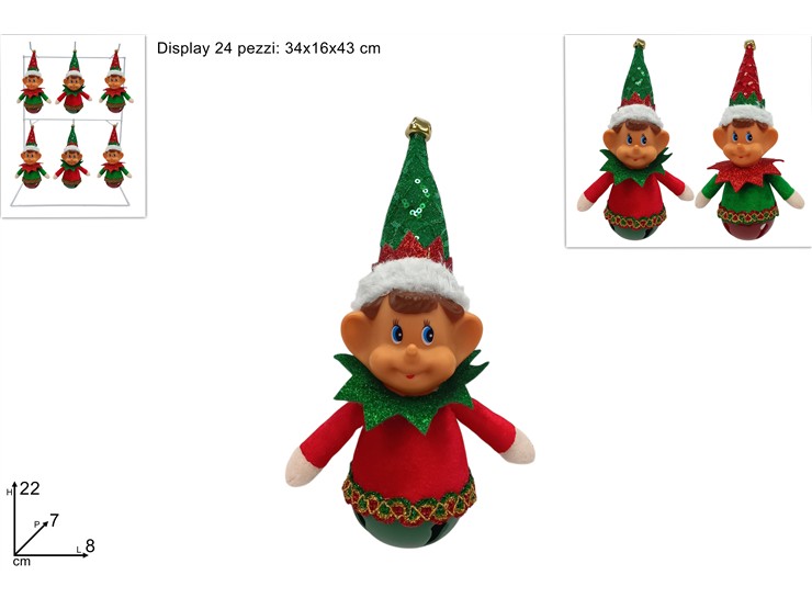 APPEND.ELFO C/CAMPANAC.ROSSO/VERDE 2ASS. - Natale > Appendini Albero > Appendini Bamboline - Ingrosso B2B Magazzini Scatigna