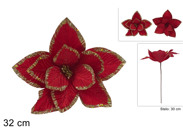 STELO FIORE Cm32 EFF.VELL.ROSSO C/GLIT.2 - Natale > Bacche E Fiori > Spilloni Fiori - Ingrosso B2B Magazzini Scatigna