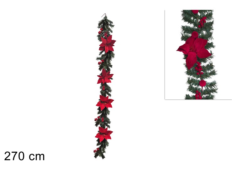 GHIRLANDA FIORI BACCHE EFF.VEL.ROSSO 270 - Preordine Natale > Dietroporta E Ghirlande > Ghirlande - Ingrosso B2B Magazzini Scatigna